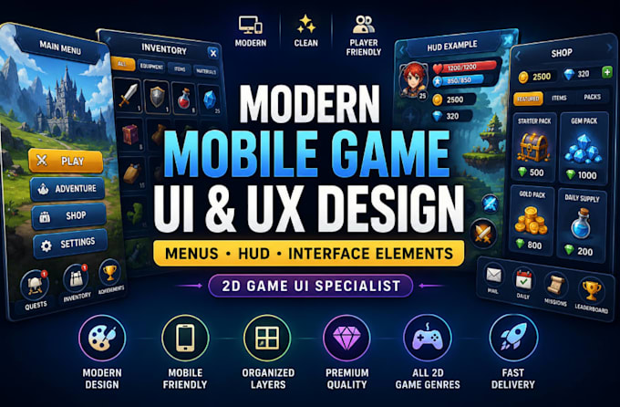 design modern mobile game UI and UX, game menus hud, interface elements, 2d game