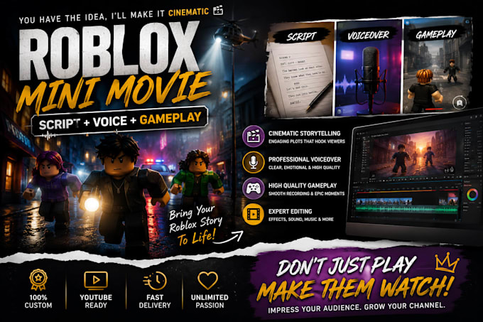 create a cinematic roblox mini movie with script, voiceover and gameplay