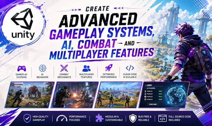 develop custom gameplay systems, ai, combat and multiplayer features in unity