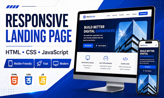 create a responsive landing page using HTML CSS and javascript