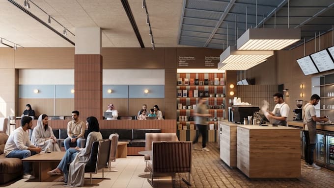 3d isometric cafe interior, coworking, study space, midcentury furniture render