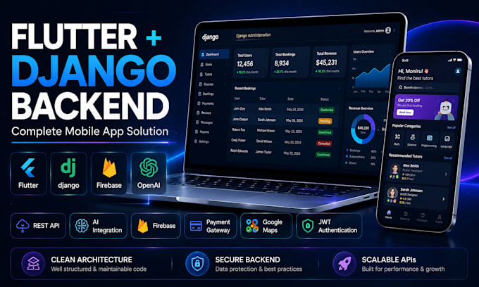 develop flutter mobile app with django backend and ai