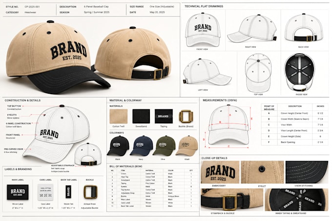 do factory ready cap tech pack and headwear specification with technical drawing