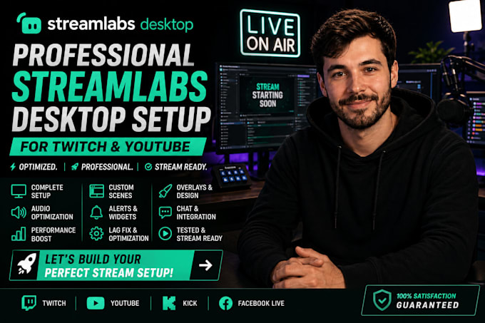 professionally set up streamlabs desktop for twitch and youtube