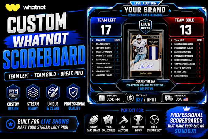 design custom whatnot scoreboard overlay for live auctions and card breaks