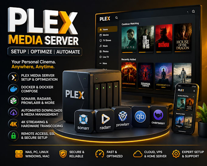 set up and optimize plex media server with docker, sonarr, nas, 4k transcoding