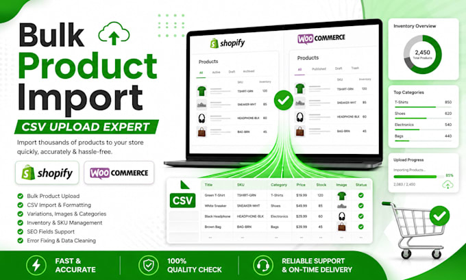 import, upload bulk products using csv for shopify woocommerce stores