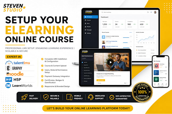 setup elearning online course on talentlms, graphy moodle lms,h5p and learnworld