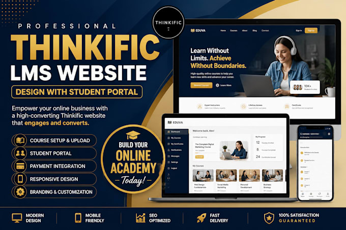 design thinkific online course lms website with student portal