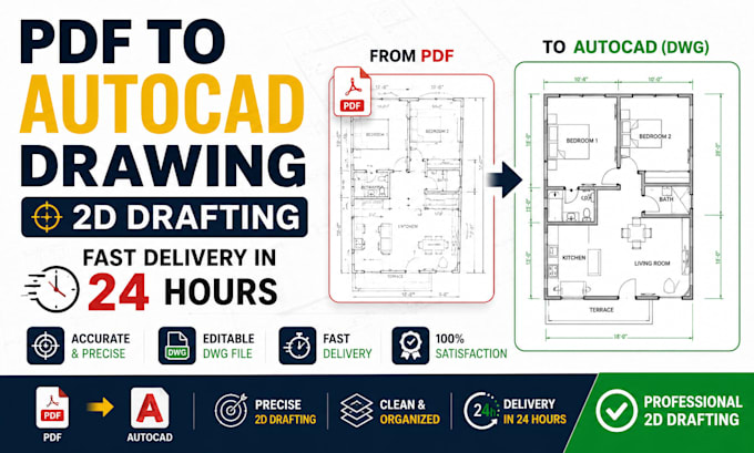 convert PDF to autocad drawing and 2d drafting fast in 24h