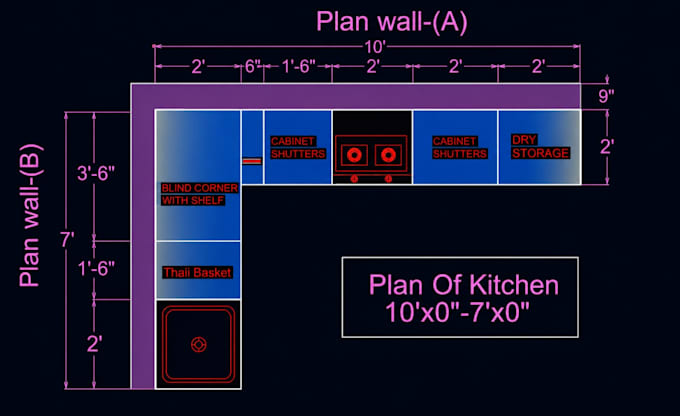 draw a professional 2d kitchen layout and elevation in autocad