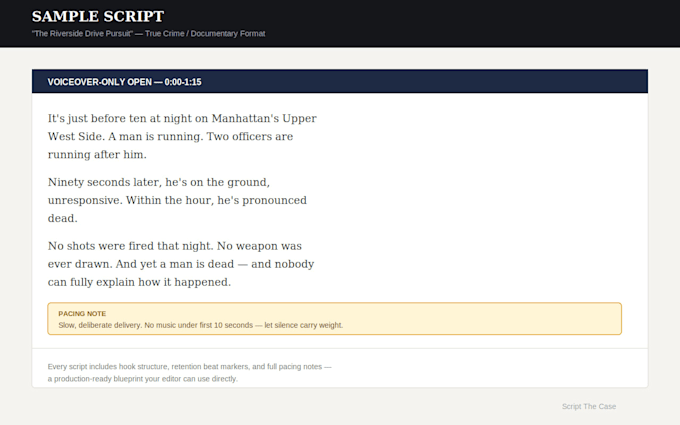 write a retention optimized true crime youtube script
