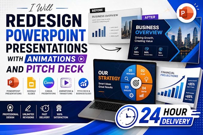 redesign powerpoint presentations with animations and pitch deck