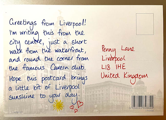 handwrite and post a personalised postcard from liverpool UK