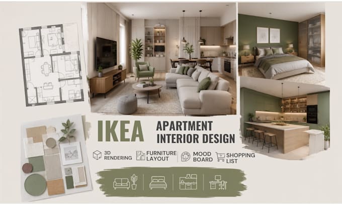 design ikea apartment interior, kitchen, bedroom with realistic 3d render