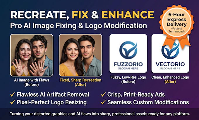 recreate image, fix ai image, design print ad, resize, modify or enhance logo