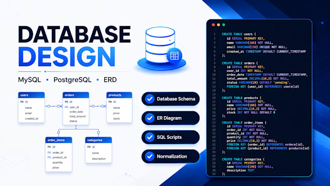 design a professional mysql or postgresql database