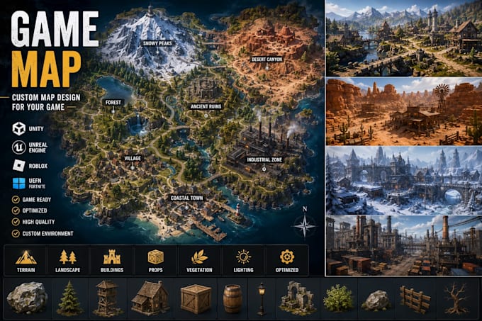 design a custom game map for unity, unreal engine, roblox and uefn