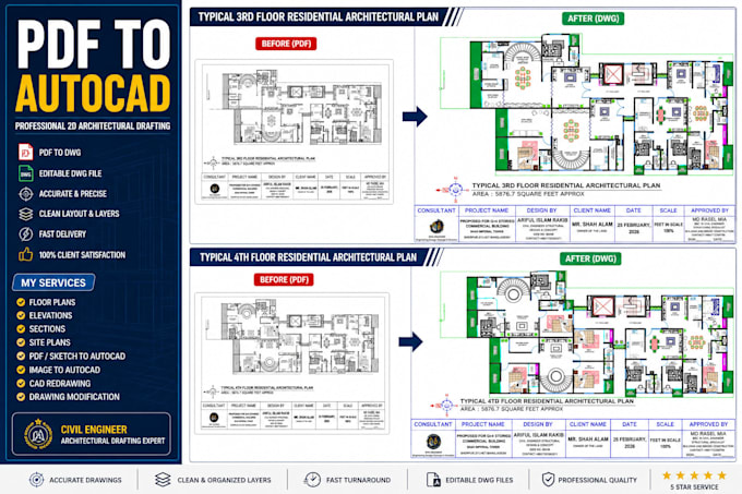 convert PDF or sketch to autocad 2d drawings