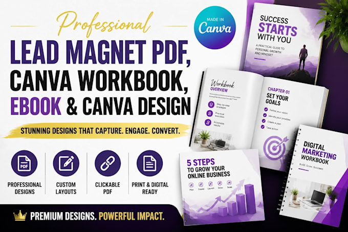 create professional lead magnet pdf, canva workbook, ebook and canva design