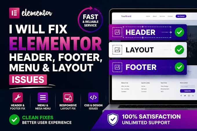 fix wordpress elementor header footer menu and layout issue