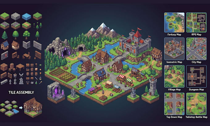 do isometric tileset and tilemap, isometric 2d game map rpg pixel map game asset