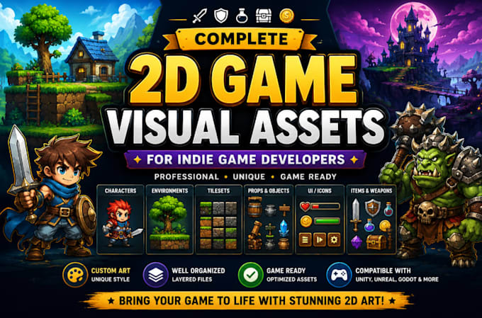 design complete 2d game visual assets for indie game developers, 2d game artwork