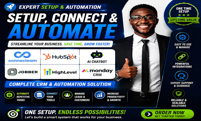 setup connecteam hubspot ai chatbot jobber gohighlevel monday crm automation