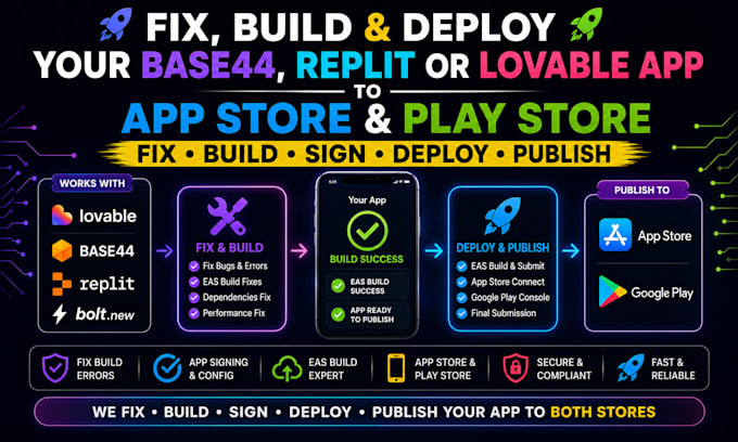 publish deploy your base44 lovable replit app to app store, google play fix eas