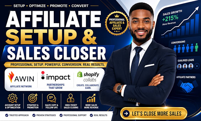 set up awin, impact, shopify collabs affiliate programs and close sales leads