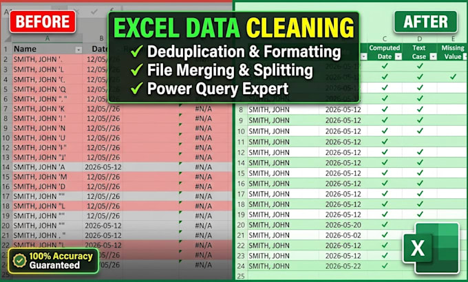 do expert ms excel data cleaning, formatting, deduplication, and merging