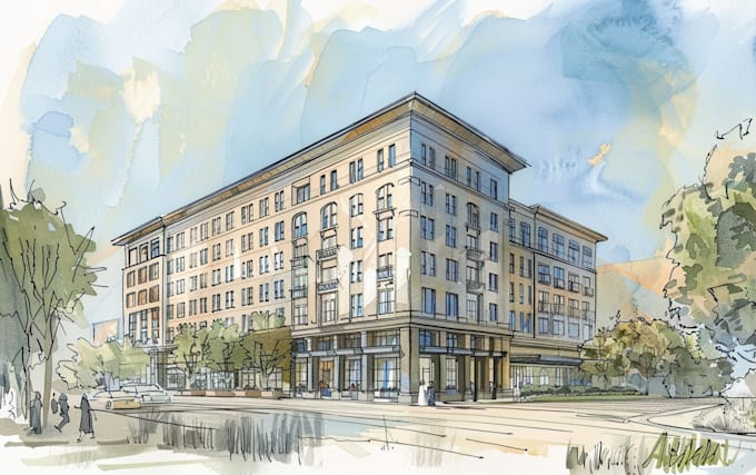 sketch architecture building with watercolor rendering