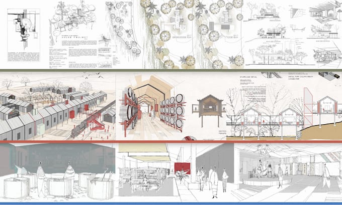 hand draw architectural perspective sketches, exterior and interior