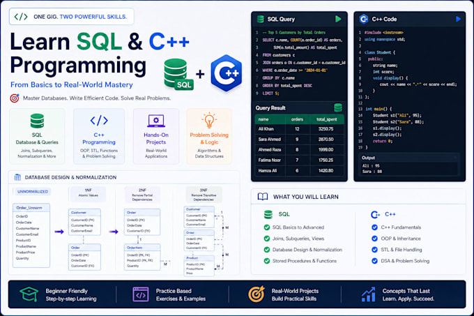 teach you sql database queries and c plus plus programming