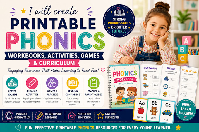 create printable phonics workbooks activities, games, curriculum for homeschool