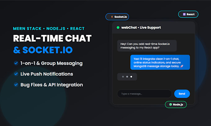 integrate socket io real time chat live notifications or messaging using nodejs