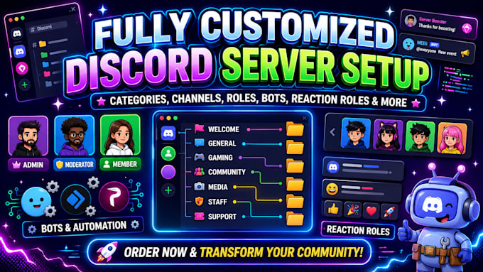 create a fully customized discord server setup with roles, bots channel