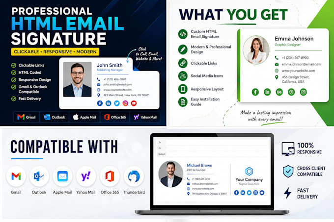 create responsive clickable HTML email signature for outlook, gmail, etc