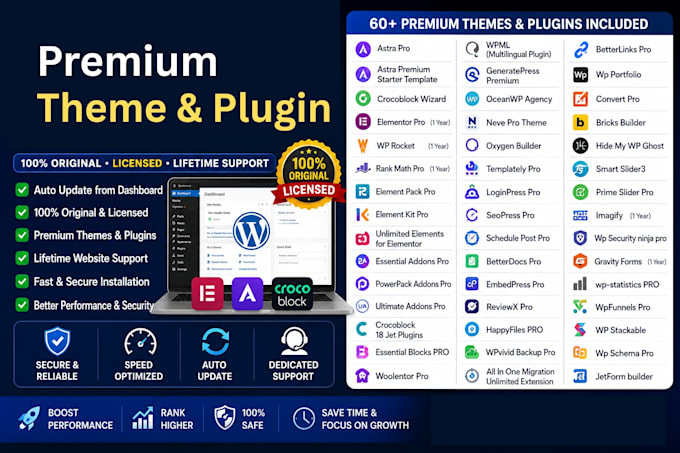 install elementor pro astra pro crocoblock and premium plugins
