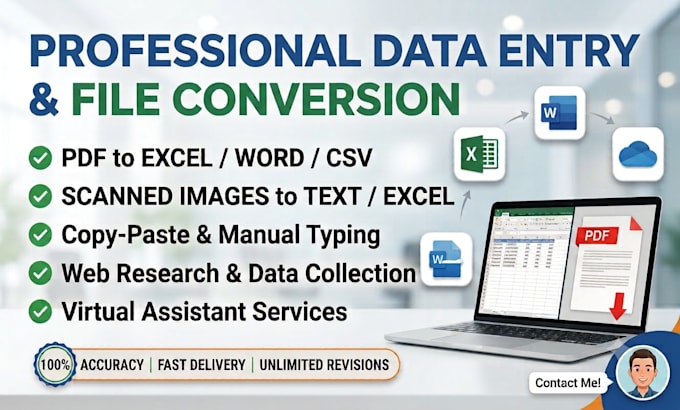 do professional data entry, copy paste and excel data typing work, pdf to excel