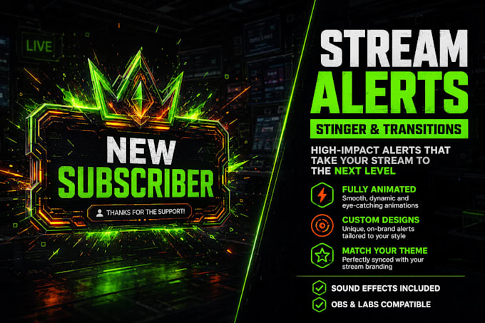 design custom animated twitch alerts, stream alerts and stinger transitions