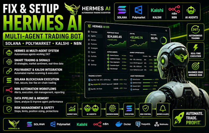 fix setup hermes agent ai trading bot polymarket kalshi solana n8n mcp