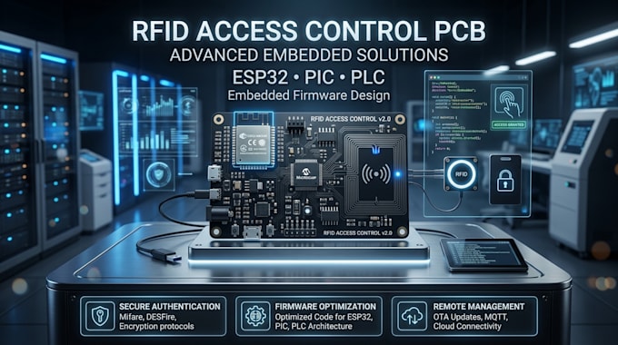 design rfid access control pcb, esp32, pic, plc and embedded firmware