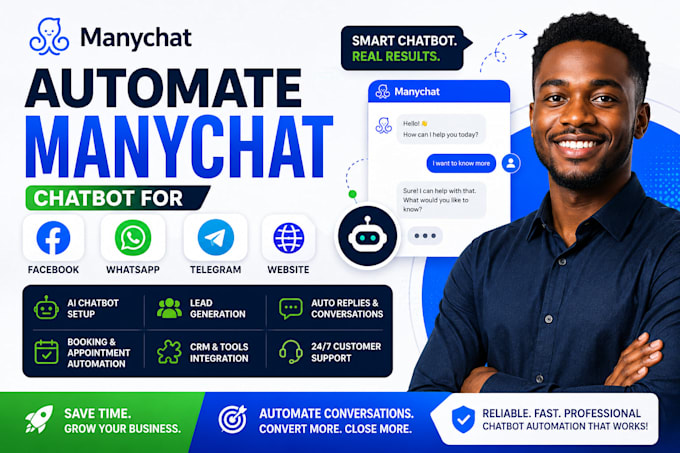 automate manychat chatbot for facebook, website telegram and whatsapp