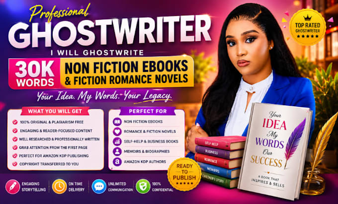 ghostwrite 30k words non fiction ebook, fiction romance novel ebook writer kdp