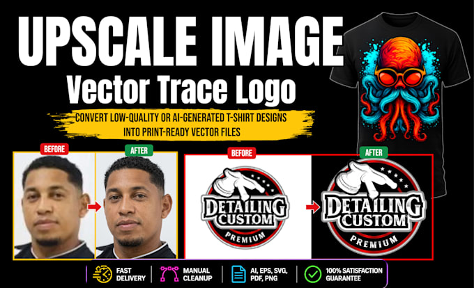 upscale image, vector trace logo and t shirt to print ready