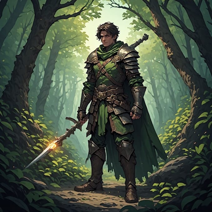 draw dnd character in environment scene forest dungeon or battlefield