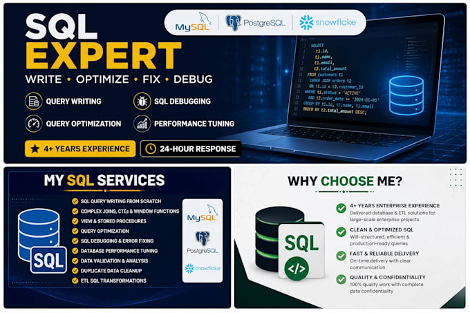 write, optimize, and fix sql queries for mysql, postgresql and snowflake