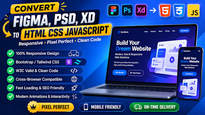convert figma, PSD or xd to responsive HTML CSS