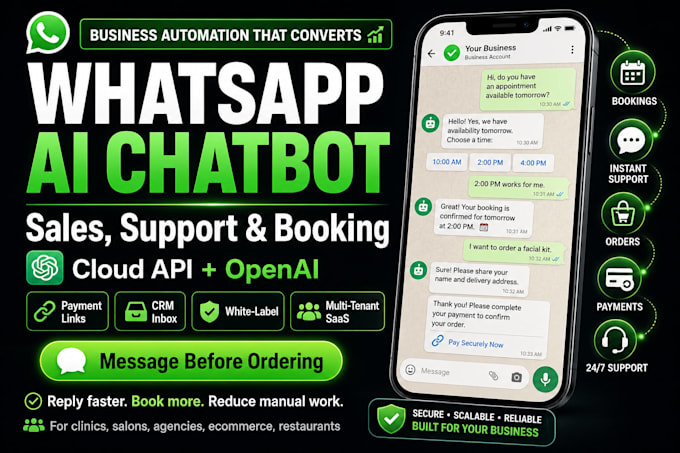 develop whatsapp cloud API chatbot with openai, bookings, orders and payments